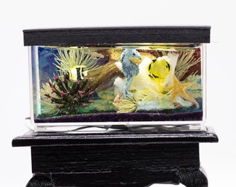 Dollhouse Miniature Salt Water Tropical Fish Tank Aquarium with Electric Mini Plug In Lighted Hood Hand Made OOAK NO STAND