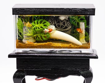 Dollhouse Miniature Fresh Water Goldfish Fish Tank Aquarium with Electric Mini Plug In Lighted Hood Hand Made OOAK NO STAND