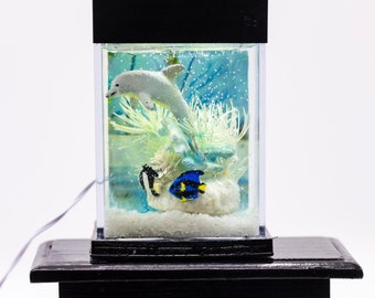 Dollhouse Miniature Salt Water Dolphin Fish Tank Aquarium with Electric Mini Plug In Lighted Hood Hand Made OOAK NO STAND