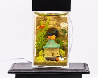 Dollhouse Miniature Fresh Water Goldfish Tank Aquarium with Electric Mini Plug In Lighted Hood Hand Made OOAK NO STAND