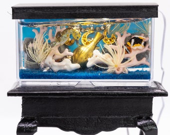 Dollhouse Miniature Salt Water Tropical Fish Tank Aquarium with Electric Mini Plug In Lighted Hood Hand Made OOAK NO STAND