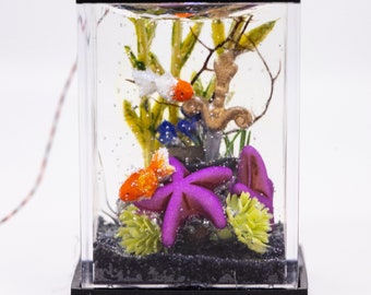 Dollhouse Miniature Goldfish Tank Aquarium with Electric Mini Plug In Lighted Hood Hand Made OOAK BATTERY OPTION