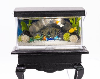 Dollhouse Miniature Fresh Water Goldfish Fish Tank Aquarium with Electric Mini Plug In Lighted Hood Hand Made OOAK NO STAND