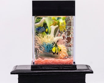 Dollhouse Miniature Salt Water Fish Tank Aquarium with Electric Mini Plug In Lighted Hood Hand Made OOAK NO STAND