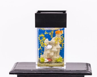 Dollhouse Miniature Fresh Water Goldfish Tank Aquarium with Electric Mini Plug In Lighted Hood Hand Made OOAK BATTERY OPTION