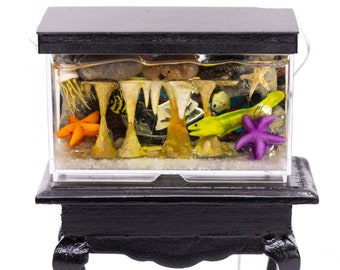 Dollhouse Miniature Salt Water Tropical Fish Tank Aquarium with Electric Mini Plug In Lighted Hood Hand Made OOAK NO STAND