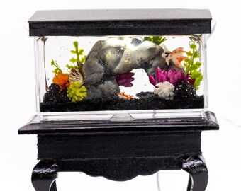 Dollhouse Miniature Fresh Water Goldfish Fish Tank Aquarium with Electric Mini Plug In Lighted Hood Hand Made OOAK NO STAND