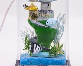 Dollhouse Miniature Salt Water Tank Aquarium with Electric Mini Plug In Lighted Hood Hand Made OOAK BATTERY OPTION