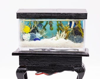 Dollhouse Miniature Salt Water Tropical Fish Tank Aquarium with Electric Mini Plug In Lighted Hood Hand Made OOAK NO STAND