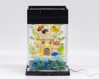 Dollhouse Miniature Fresh Water Goldfish Fish Turtle Tank Aquarium with Electric Mini Plug In Lighted Hood Hand Made OOAK NO STAND