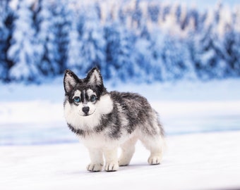 Dollhouse Miniature Standing Siberian Husky Puppy Pomsky Furred OOAK Dog 1:12 Scale