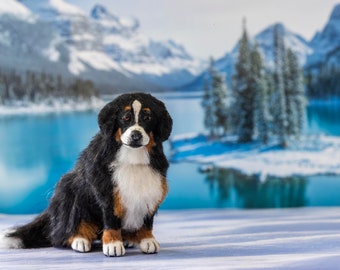 Dollhouse Miniature Sitting Bernese Mountain Dog Artist Sculpted Furred OOAK Dog 1:12 Scale