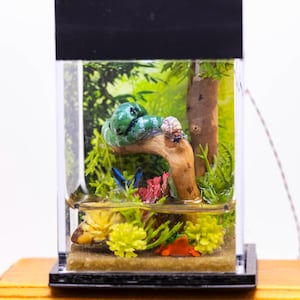 Peut inclure: Miniature terrarium avec un serpent vert enroulé sur une branche. Le petit aquarium présente une scène sous-marine détaillée avec des plantes, des coraux colorés et un escargot. L'arrière-plan montre une scène de forêt verte luxuriante. Le terrarium repose sur une surface en bois.