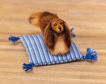 Dollhouse Miniature Standing Long Haired Dachshund  Dog Flocked Painted Artisan 1:12 Scale