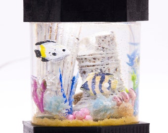 Dollhouse Miniature Salt Water Fish Tank Aquarium with Electric Mini Plug In Lighted Hood Hand Made OOAK NO STAND