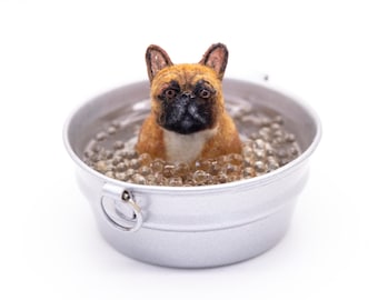 Dollhouse Miniature French Bulldog in Bath Tub Artist Sculpted Furred OOAK Dog 1:12 Scale