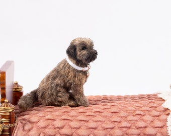 Dollhouse Miniature Sitting Border Terrier Dog Artist Sculpted Furred OOAK Dog 1:12 Scale