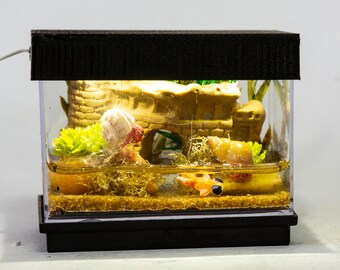 Dollhouse Miniature Reptile Terrarium Hermit Crab Fish Tank Aquarium with Electric Mini Plug In Lighted Hood Hand Made OOAK NO STAND