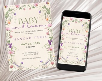 Baby in Bloom Baby Shower Invitation | Szablon na Baby Shower z motywem kwiatowym na wiosnę | Edytowalne zaproszenie Canva | Zaproszenie z motywem ogrodu do wydrukowania z motywem dzikich kwiatów