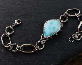 Handmade Larimar Sterling Silver Chain Bracelet – Oxidized Boho Jewelry