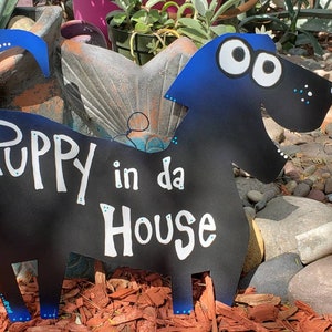 Puppy Sign: Cute Dog Warning Sign, Metal Yard Art