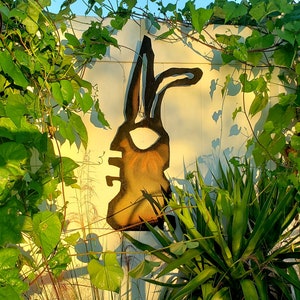 Cranky Rabbit Metal Yard Art, Primordial Protector Burt the Cranky Rabbit, Metal Wall Art image 1