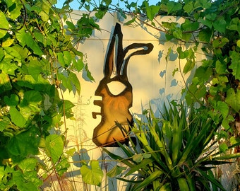 Cranky Rabbit Metal Yard Art, Primordial Protector Burt the Cranky Rabbit, Metal Wall Art