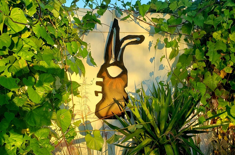 Cranky Rabbit Metal Yard Art, Primordial Protector Burt the Cranky Rabbit, Metal Wall Art image 1