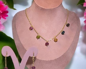 Tourmaline Necklace, Gemstone Jewelry Set, 14k Gold Plated Necklace, Layering Necklace, Natural Gemstone Earrings