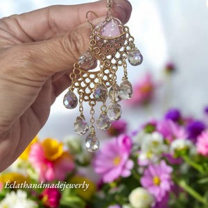 14k vergoldete Kronleuchter Ohrringe, Erdbeer Kristall Ohrringe, Tropfen Ohrringe für Frauen, baumeln Ohrringe, Boho Ohrringe, Braut Ohrringe