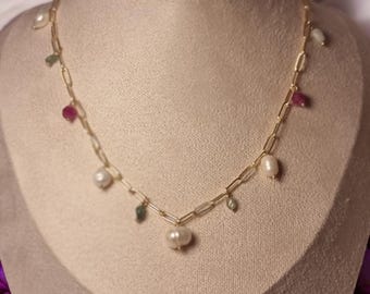 Freshwater Pearls and Tourmaline Necklace, Multi-Gemstone Necklace, 14k Gold Plated Necklace, Layering Necklace, Natural Gemstone Jewelry