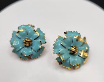 Vintage Blue And Gold Enamel Clip On Earrings