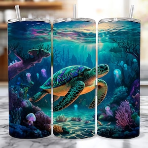 Undersea Sea Turtle Tumbler Wrap PNG | 20 oz Skinny Tumbler Sublimation Design | Ocean Theme Tumbler | Seamless Instant Digital Download PNG