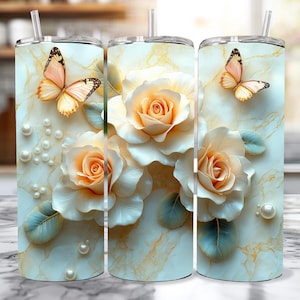 3D Roses and Butterflies Floral Tumbler Wrap | 20 oz Skinny Tumbler Sublimation Design | , Instant Digital Download PNG | Rose Gold Tumbler