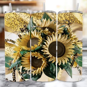 Golden Glitter Sunflower PNG 20oz Skinny Tumbler Wrap | Sunflower and Leopard Print Wrap | Sublimation Design | Instant, Digital Download