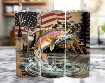 American Flag Trout Fishing Deer Camo Seamless Tumbler Wrap 20oz Skinny ...