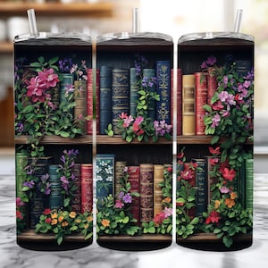 Books and Flowers Tumbler Wrap PNG| Bookshelf Tumbler Wrap | Book Lover Tumbler | Bookish 20 Oz Tumbler PNG| Instant Digital Download