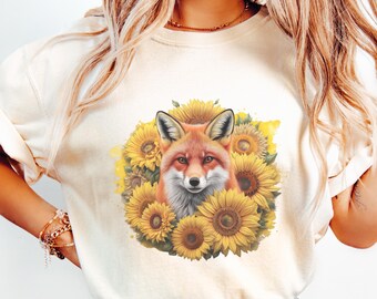 Shirtontwerp met vos en zonnebloem | Vos, png-bestand | T-shirt Fox Lover |  Directe png-download | Fox aquarel sublimatie directe digitale download