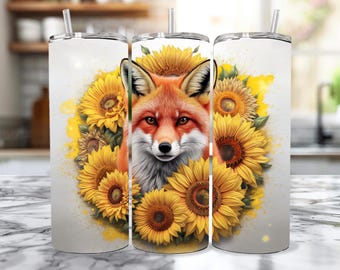 May include: A white tumbler with a red fox surrounded by yellow sunflowers. The fox has a white chest and a black nose. The sunflowers have brown centers and green leaves.