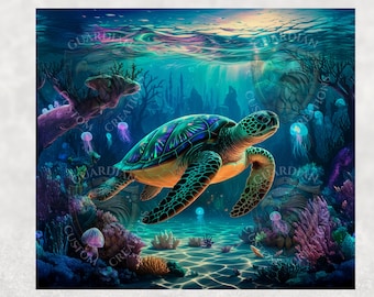 Sea Turtle Tumbler Wrap PNG | Ocean Theme Sublimation Design (Digital Download)