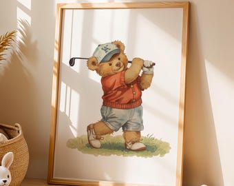Lámina infantil de osito de peluche jugando al golf / Arte mural vintage de golf en acuarela / Decoración neutra para la habitación de un niño pequeño