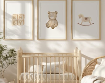 Teddy Bear Nursery Prints Set of 3 | Neutral Nursery Wall Art, Baby Boy Nursery Art (Instant Download)