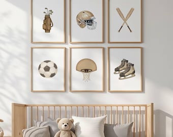 Vintage Sports Nursery Prints Set of 12 (Digital Download) | Boy Room Decor, Sports Wall Art Gallery