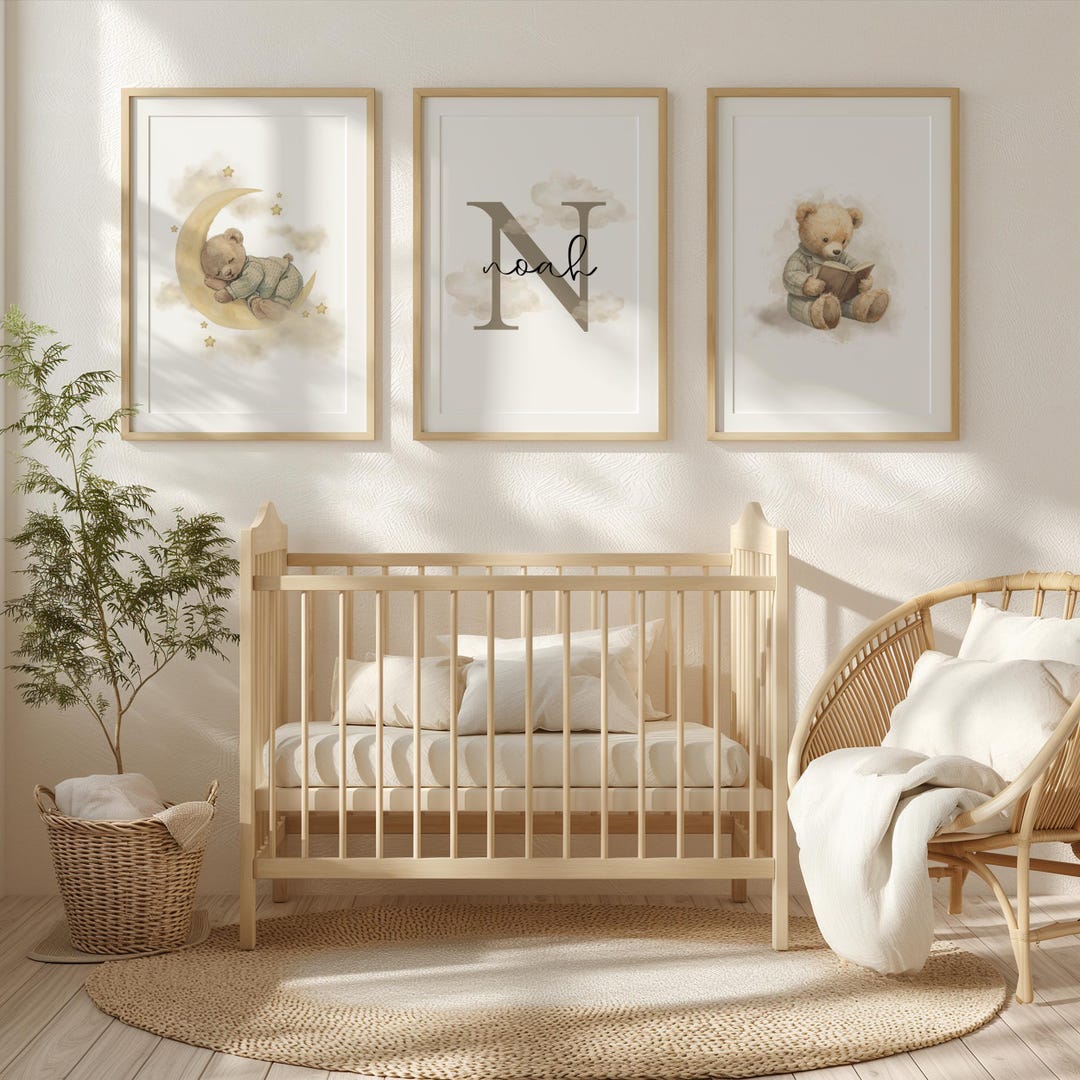 Personalized Teddy Bear Nursery Wall Art Set of 3 | Neutral Baby Name ...