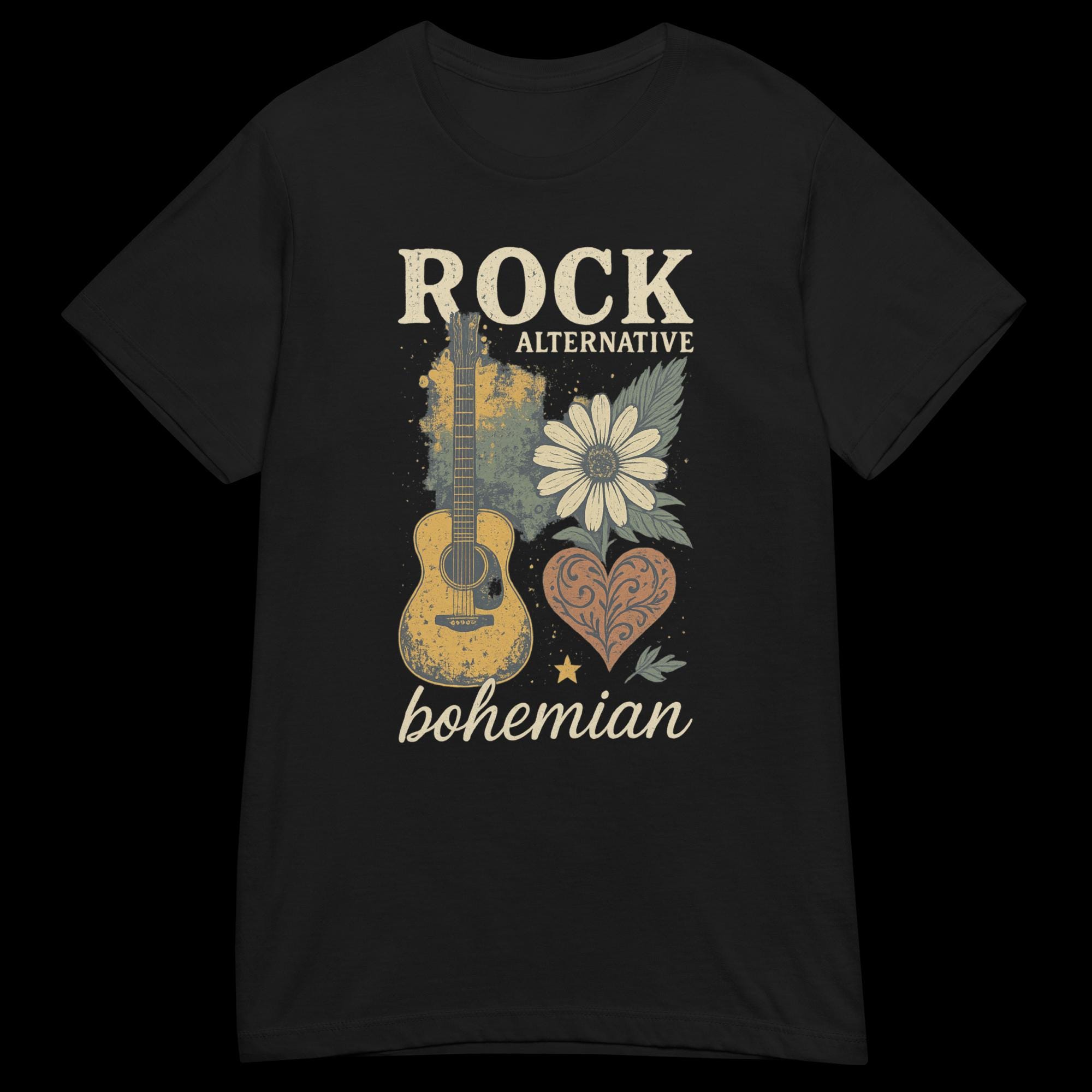 Rock Boho T-shirt voor dames – Alternatieve vintage gitaar, bloemen- en hart-T-shirt – Muzikale bohemienstijl