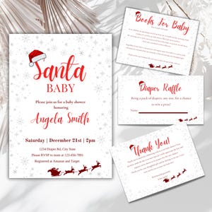 Modèle d'Invitation de baby shower de père Noël, lot modifiable de baby shower, thème de Noël, invitation de baby shower de décembre, carte de remerciement