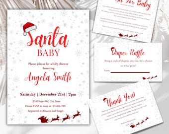 Mall för babyshowerinbjudan till jultomten, redigerbart babyshowerpaket, jultema, inbjudan till babyshower i december, tackkort