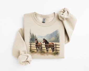 Vintage Horse Country Scene Sweatshirt, Equestrian Crewneck Jumper, Retro Ranch Apparel, Horse Lover Gift, Country Style Clothing
