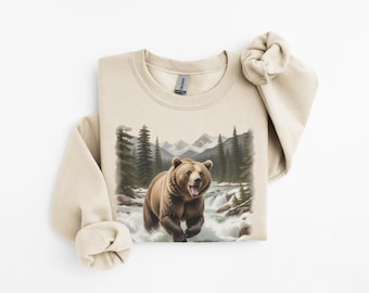 sweat-shirt ours vintage, vêtements d'extérieur, pull style chalet, pull forêt confortable, col rond nature rustique, vêtements de plein air