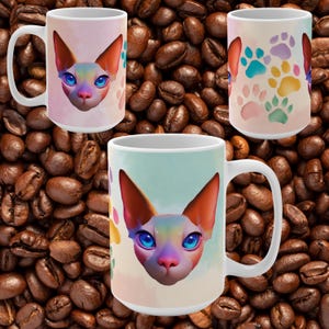 Sphinx Cat Mug, Vibrant Pastel Color Paw Prints, Cute Ceramic Coffee Cup, Funny Feline Tea Mug, Unique Animal Lover Gift